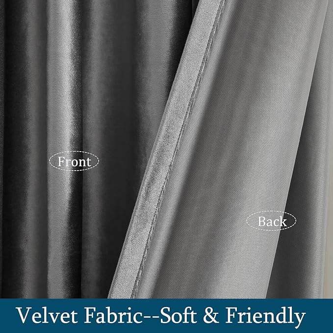 PRIMROSE Dark Grey Velvet Curtains 102 inch Long for Living Room,Set of 2 Panels Blackout Rod Pocket Back Tab Window Treatment Room Darkening Heavy Decorative Curtains Drapes for Bedroom
