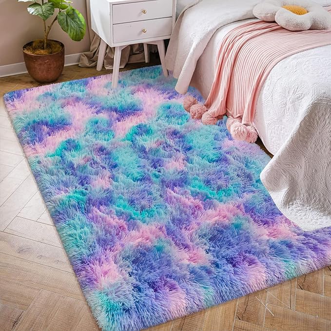 4x6ft Tie-Dyed Purple Rainbow Carpet Soft Area Rugs for Girls Room, Fluffy Colorful Rug Cute Floor Carpets Shaggy Playing Mat for Kids Baby Girls Bedroom Nursery Home Decor