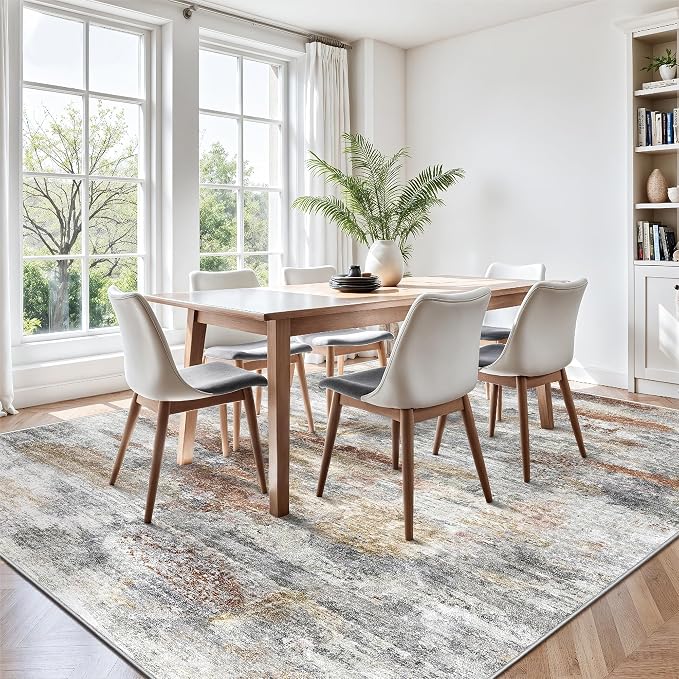 8x10 Area Rugs, Abstract Morden Soft Washable Rug, Non-Slip Low Pile Rugs for Living Room, Bedroom, Dining Room, Home, Office(Grey & Brown)