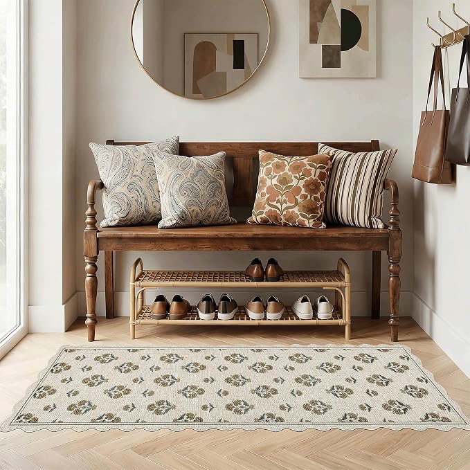 ORTIGIA Scalloped Easy Jute 2x6 Kitchen Runner Rug Vintage Yellow Block Floral Farmhouse Washable Rug Non-Slip Outdoor Carpet for Entryway Indoor Hallway Patio Laundry Room