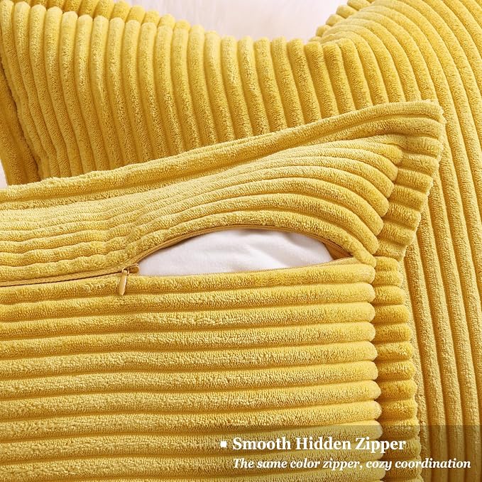 decorUhome Fall Corduroy Mustard Yellow Throw Pillow Covers 22x22 Set of 2 | Euro Sham Couch Decorative Soft Modern Boho Farmhouse Pillow Covers Broadside Striped Pillow Cases for Living Room Bed Sofa