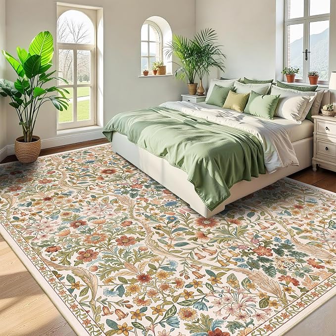 8x10 Washable Area Rug for Living Room, Large Vintage Beige Floral Rugs, Soft Non-Slip Stain Resistant Boho Lightweight Carpet for Girls Bedroom Dining Room Nursery Home Office