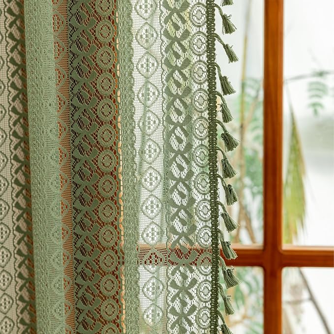 Sutuo Home Boho Sheer Curtains 63 Inch Length for Nursery Bedroom, Lace Curtains Crochet Vintage Country Tassels Bohemian Privacy Window Treatment Xmas Decor Rod Pocket, 2 Panels 50" W,Olive Green