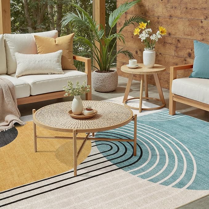 DCX Machine Washable 8x10 Area Rugs, Midcentury Modern Non Slip Stain Resistant Rug 8x10 for Living Room, Playroom, Dining Room, Soft Low Pile Large Carpet, Blue & Yellow