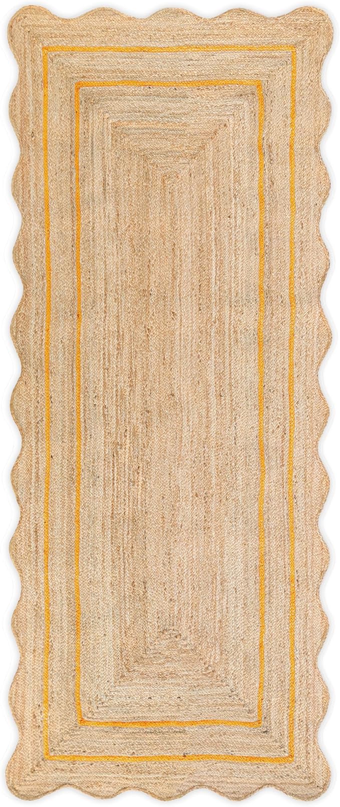 Wave Scalloped Natural Jute Rug Boho Jute Rug Entryway Runner Rug Farmhouse Scallop Rug, Yellow (2'x10')