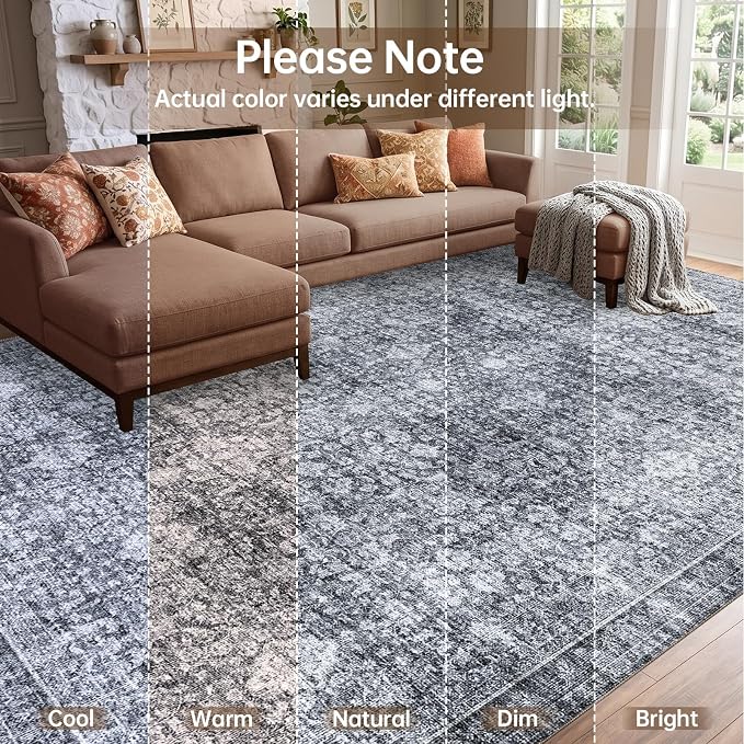 Sasttie 8x10 Area Rugs, Ultra-Soft Washable Rug, Low Pile Foldable Thin Carpets with Non-Slip Backing, Skin-Friendly Stain Resistant Carpet for Living Room, Bedroom, Kitchen, Dorm, 8x10, Black Grey
