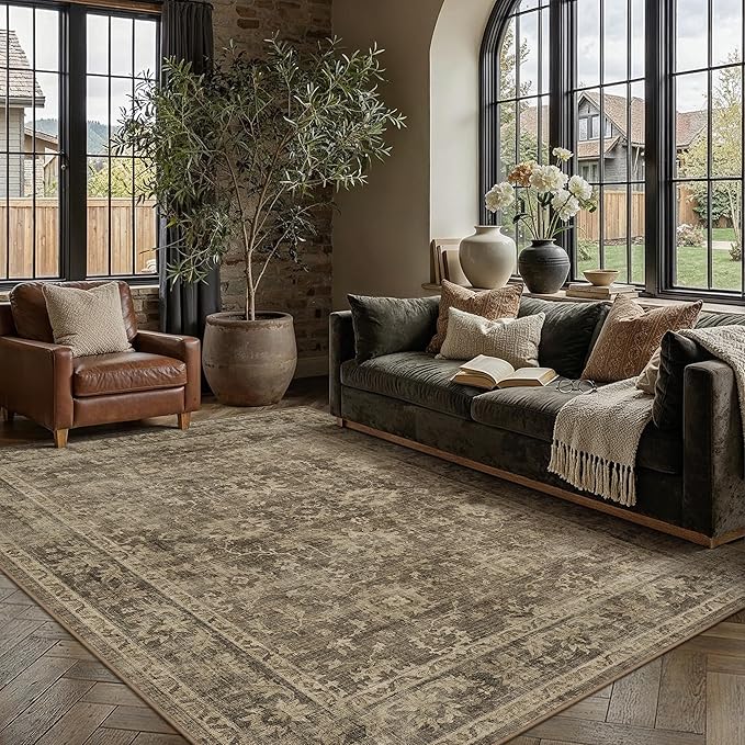 HUGEAR 6x9 Area Rug Brown Machine Washable Rug Room Decor Vintage Distressed Living Room Carpet Non Slip Low Pile Throw Rugs for Bedroom Dining Room Office Soft Lightweight