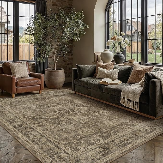 HUGEAR 5x7 Area Rug Brown Machine Washable Rug Room Decor Vintage Distressed Living Room Rugs Non Slip Low Pile Soft Carpet for Bedroom Office Dining Room Soft Lightweight
