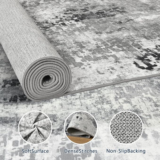 Living Room Rug 9x11 Gray Area Rugs Machine Washable Abstract Boho Large Rug Non-Slip Non-Shedding Faux Wool Indoor Vintage Carpet for Bedroom, Classroom, Dining Room, Kids Playroom
