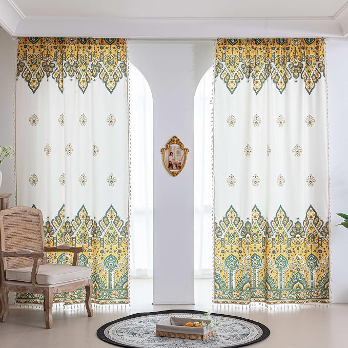 Yellow Paisley Curtains 84 Inches Long, Boho Farmhouse Light Filtering Rod Pocket Drapes with Tassel Trim for Bedroom Living Room, 2 Panels