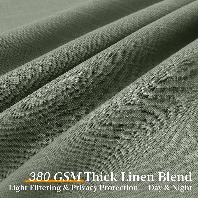 Sage Green Pinch Pleated Linen Curtains 84 Inch Length 2 Panels for Living Room Bedroom Semi Sheer Window Drapes Light Filtering Privacy Boho Farmhouse Pinch Pleat Curtain 84 Inches with Hooks Rings