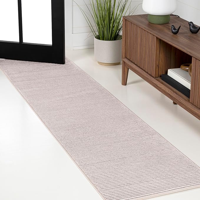JONATHAN Y Cole Pinstripe High-Low Cream/Silver Runner Rug, 2x8, Modern, Minimalist, Easy-Cleaning for Living Room, Bedroom, Kitchen, Pet Friendly, Non-Shedding (CAR101A-28)