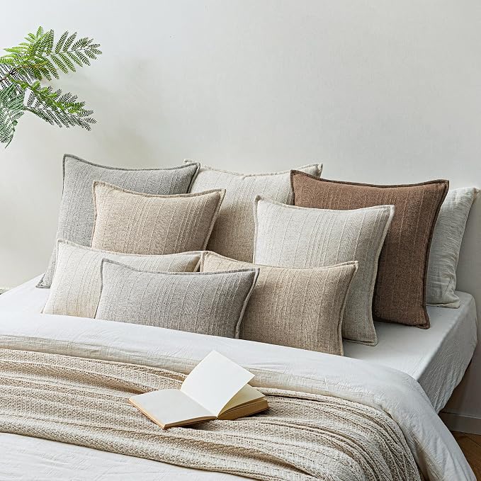 a moment Linen Pillow Covers Set of 2,Boho Farmhouse Throw Pillowcases Neutral Textured Decorative Covers for Couch Sofa,Soft Linen Blend Accent Case Cushion Living Room Home Decor 20"x12"Hazel