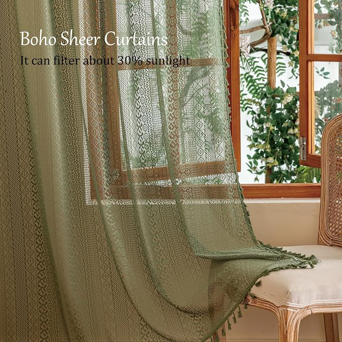Sutuo Home Olive Green Boho Lace Sheer Curtains, Farmhouse Crochet Privacy Vintage Bohemian Tassels Retro Christmas Decor Window Curtains for Living Room Bedroom Rod Pocket,2 Panels 50" x 102"