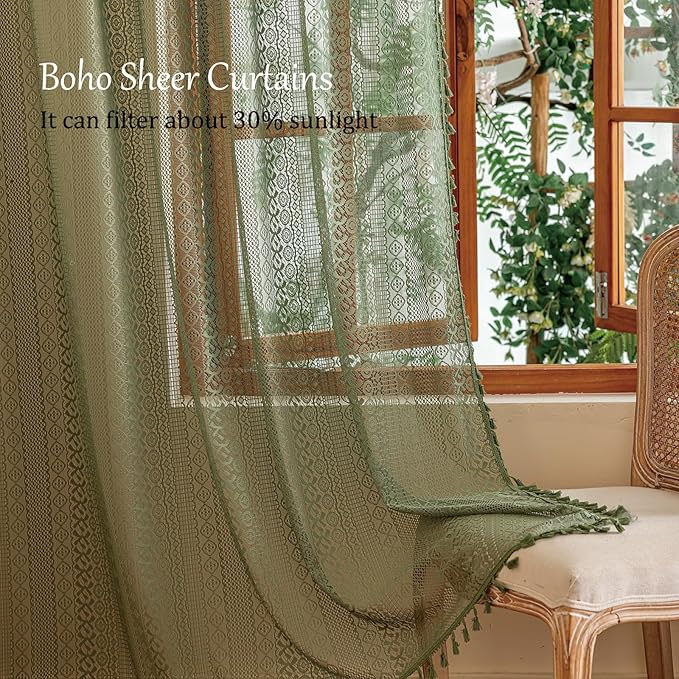 Sutuo Home Boho Lace Sheer Curtains 2 Panels for Bedroom Home Office, French Country Privacy Vintage Chic Drape Tassels Cottage Rustic Geometry Rod Pocket Christmas Decor, 50" x 108" Olive Green