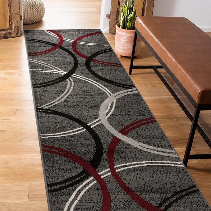 Rugshop Wavy Circles Modern Non-Shedding Runner Rug Red 2'7" x 6'