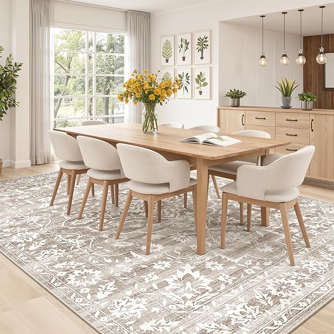 Soalmost 8x10 Area Rugs for Living Room, Washable Neutral Rug Light Brown | Vintage Floral Soft Stain Resistant Non-Slip Low Pile Thin Carpet for Dining Room Bedroom Kitchen Home Office Nursery 8'x10'