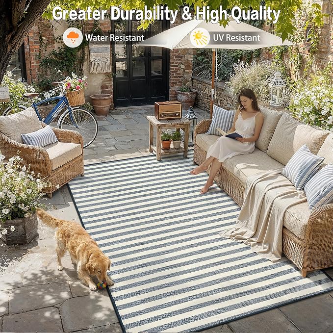 HUGEAR 9'x12' Outdoor Rug Waterproof Plastic Straw Rugs Large Blue Stripe Reversible Mat Floor Carpet for Camping RV Deck Entryance Porch Picnic Balcony Beach Backyard