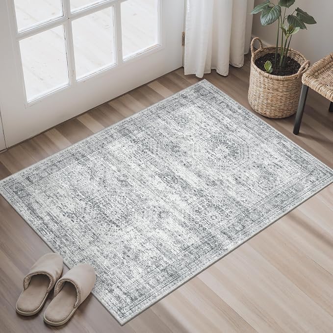Soalmost 2x3 Washable Rugs for Kitchen, Floor, Entryway, Powder Room Small Area Rug Non-Slip Vintage Low Pile Throw Door Mat Grey