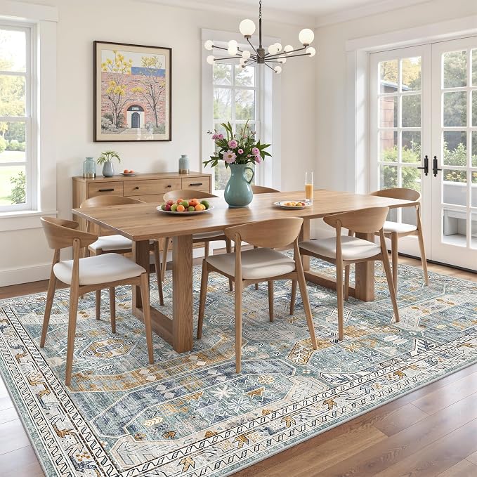 befbee 6x9 Area Rugs for Living Room - Stain Resistant Machine Washable Rugs for Bedroom,Non-Slip Backing Large Area Rug (Blue/Gold, 6'x9')