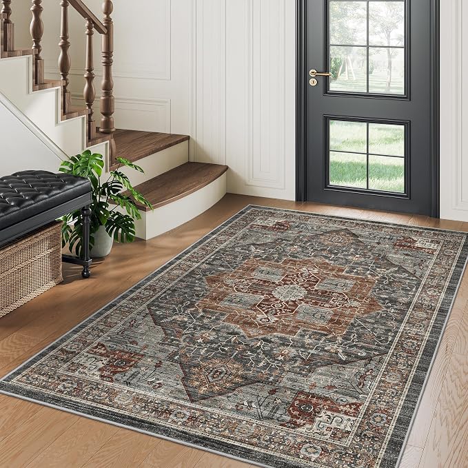 Roxstand Washable 3x5 Area Rug, Non Slip Rug for Entryway Grey/Brown/Tan | Low Pile Vintage Rug, Stain Resistant, Non-Shedding Design, Pet & Kid Friendly, Carpet for Living Room, Bedroom, Dining Room