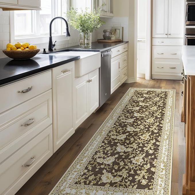 Brown Boho Washable 3x8 Extra Long Hallway Runner Rug, Extra Large Kitchen Floor Rug Indoor Entryway, Non-Slip Low Pile Machine Washable, Vintage Farmhouse Cream Beige Taupe Pattern Floral Design