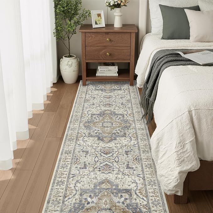 2x6 Washable Kitchen Runner Rug, Non Slip Vintage Runner Rugs for Hallway, Ultra-Thin Low Pile Distressed Kitchen Rugs Non Skid, Machine Washable Laundry Entryway Indoor Carpet,Beige/Blue