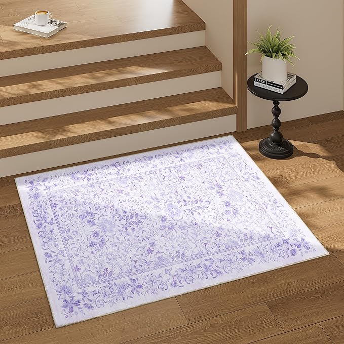 DUKINO 2x3 Entryway Rug, Washable Vintage Floral Area Rug, Purple | Non Slip, Low Pile, Non-Shedding, Soft Indoor Door Mat, Small Front Door Throw Carpet for Bathroom Kitchen Entrance Bedroom
