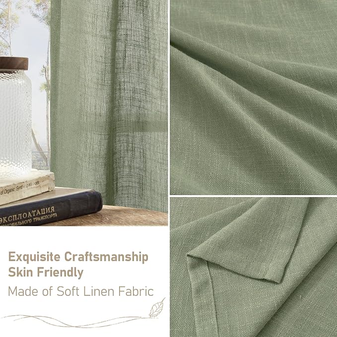LAMIT Sage Green Semi Sheer Linen Curtains 60 Inch, Light Filtering Neutral Window Panels Farmhouse Boho Back Tab and Rod Pocket Drapes for Bedroom, 2 Panels, 52 x 60 Inch