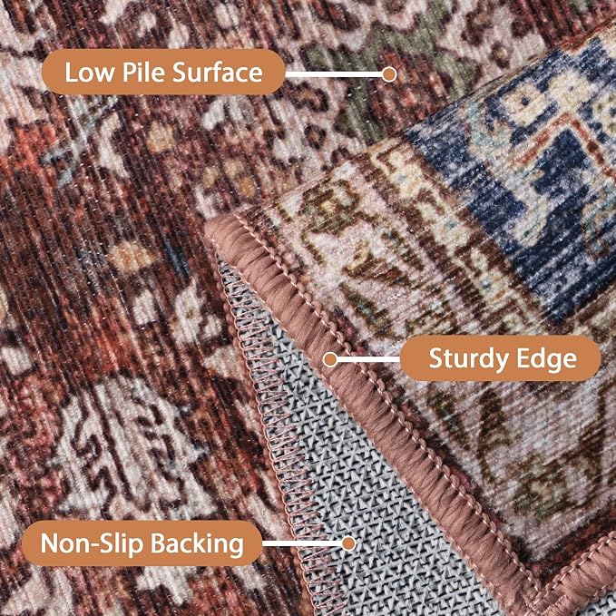 BESBLEE 6X9 Area Rugs Machine Washable Rugs for Living Room, Vintage Boho Large Rugs for Bedroom Dining Room, Non Slip Indoor Soft Distressed Lightweight Thin Low Pile Carpet, Red Brown