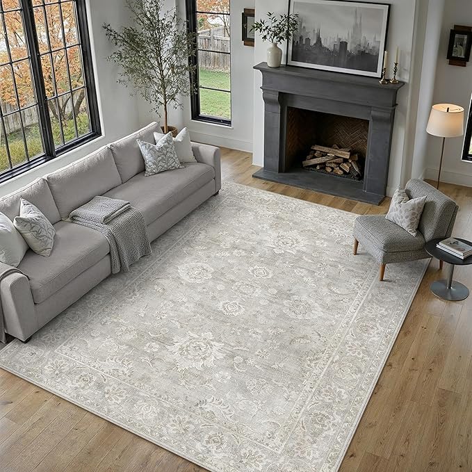 8x10 Grey Washable Area Rug for Living Room Bedroom Neutral Floral Soft Non Slip Rug Low Pile Distressed Carpet for Dining Room Nursery Office Indoor