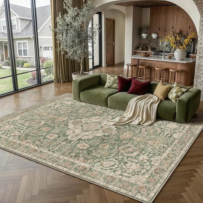 HUGEAR 6x9 Area Rug Green Machine Washable Rug Room Decor Vintage Distressed Living Room Carpet Non Slip Low Pile Throw Rugs for Bedroom Dining Room Office Soft Lightweight