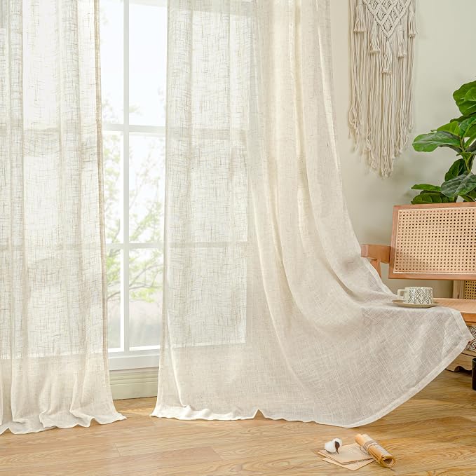 LAMIT Linen Semi Sheer Curtains 40 Inch for Bedroom, Light Filtering Neutral Window Curtains Farmhouse Boho Back Tab and Rod Pocket Panels, Natural, 2 Panels, 52 x 40 Inch