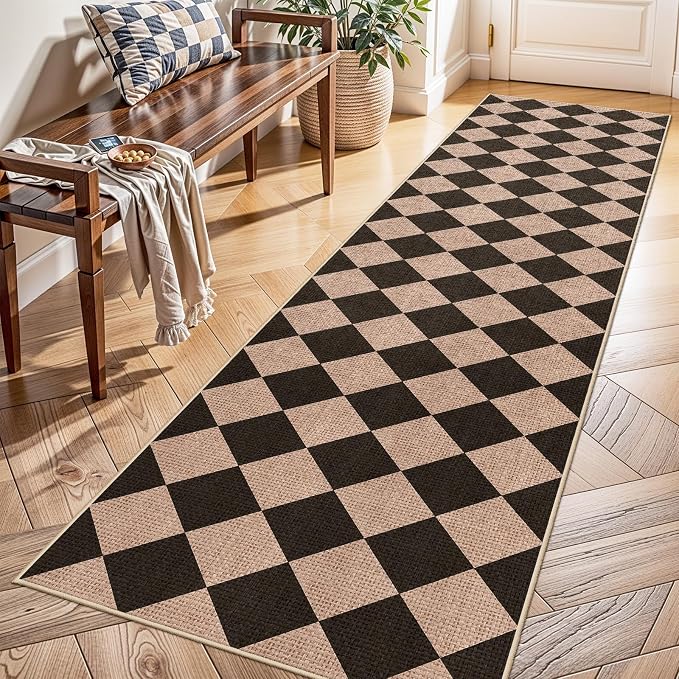 2x8 Checkered Runner Rug Hallway: Washable Faux Jute Indoor Farmhouse Style | Non Slip Backing Narrow Floor Runners Entryway Kitchen Living Room Bedroom Durable Low Pile Textured Carpet (Black/Brown,2x8)