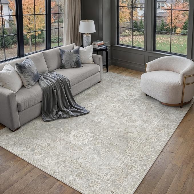 5x7 Grey Washable Area Rug for Living Room Bedroom Neutral Floral Soft Non Slip Rug Low Pile Distressed Carpet for Dining Room Nursery Office Indoor