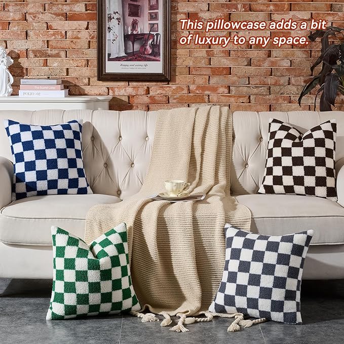 AmHoo Pack of 2 Decorative Throw Pillow Covers Checkerboard Luxury Super Soft Faux Fur Wool Set Case Cushion for Couch Sofa Bedroom 20 x 20-Inch Green