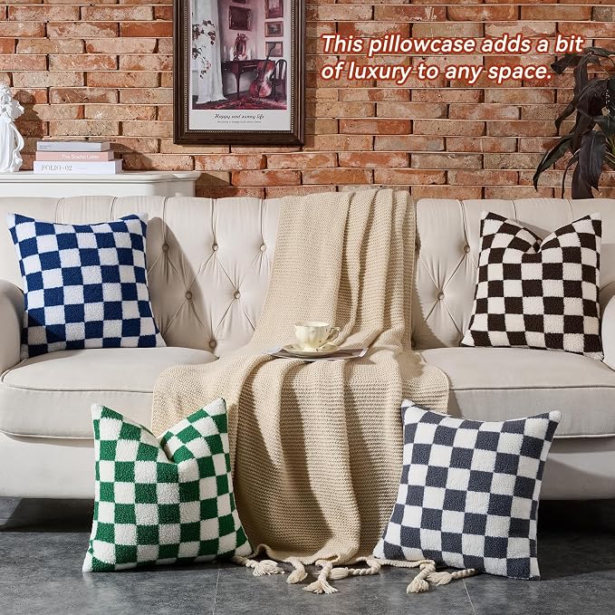 AmHoo Pack of 2 Decorative Throw Pillow Covers Checkerboard Luxury Super Soft Faux Fur Wool Set Case Cushion for Couch Sofa Bedroom 16 x 16-Inch Navy Blue