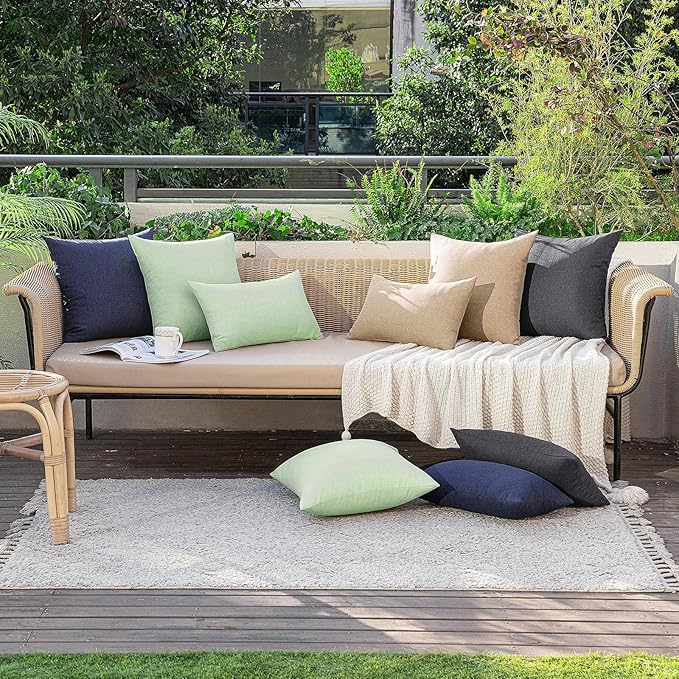 MIULEE Pack of 2 Decorative Outdoor Solid Waterproof Throw Pillow Covers Faux Linen Garden Farmhouse Cushion Cases for Patio Tent Balcony Couch Sofa 16x16 Inch Light Tan