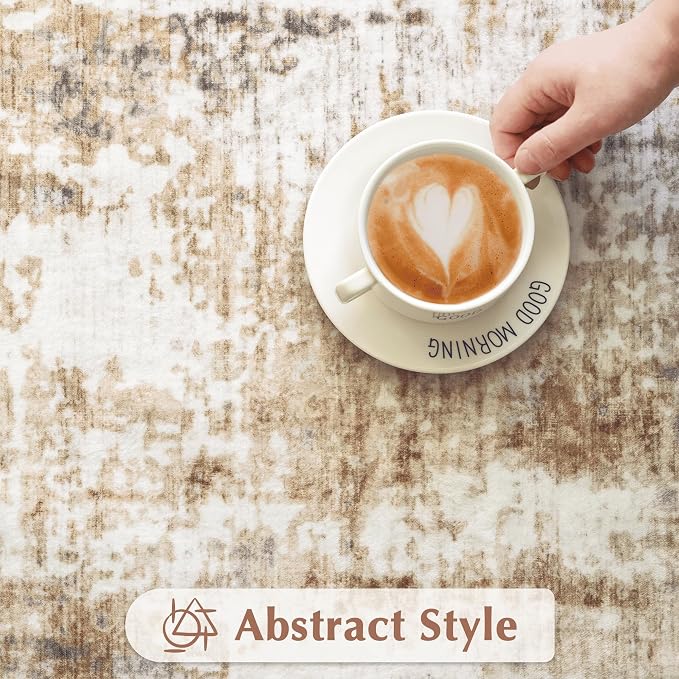 FMFUNCTEX 2x5 Runner Rug Washable Brown Grey Modern Abstract Neutral Non Slip Low Pile Entryway Hallway Soft Indoor Carpet for Kitchen Bedroom Bathroom Laundry Entrance Bedside Living Room, Grey Gold