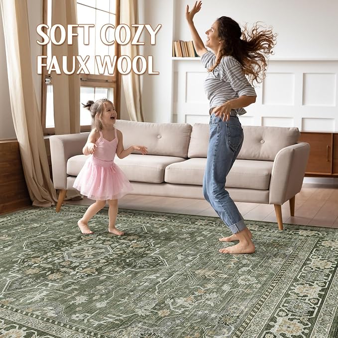 6x8 Area Rug Living Room: Washable Boho Large Neutral Vintage Soft Rugs Stain Resistant Farmhouse Non Slip Indoor Floor Carpet for Bedroom Nursery Kids Playroom Office Dining Room Home- Dark Green