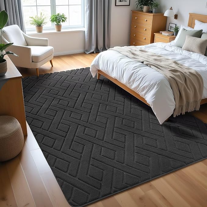 Macgace Ultra Soft Dark Grey Area Rug for Living Room, 5x7 Modern Geometric Shag Rugs with Nonslip Backing for Bedroom, Washable Fuzzy Carpet for Cozy Kids Room