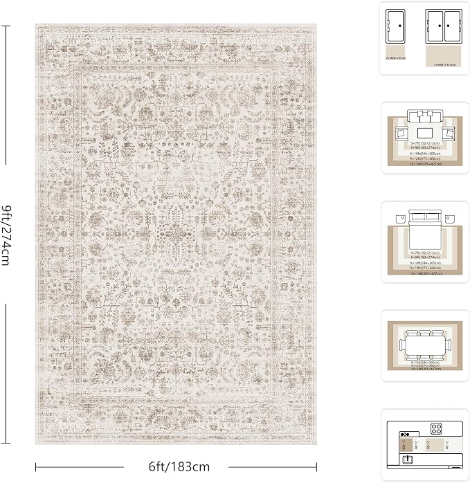 6x9 Area Rugs, Washable Vintage Retro Floral Rug for Living Room, Low Pile Non Slip Distressed Large Carpet for Bedroom, Dining Room, Office, Home (Light Brown)