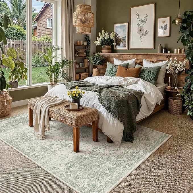 HUGEAR Green 8x10 Area Rug Washable for Living Room Soft Vintage Rug Carpet Non-Shedding & Non-Slip Indoor Home Decor Bedroom Dining Room Kitchen Office Low Pile Floor Mat
