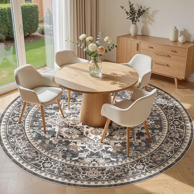 5ft Round Area Rug: Washable Vintage Neutral Soft Non Slip Thin Large Floor Carpet for Living Room Bedroom Kitchen Dining Room Home Office Farmhouse Indoor - Black