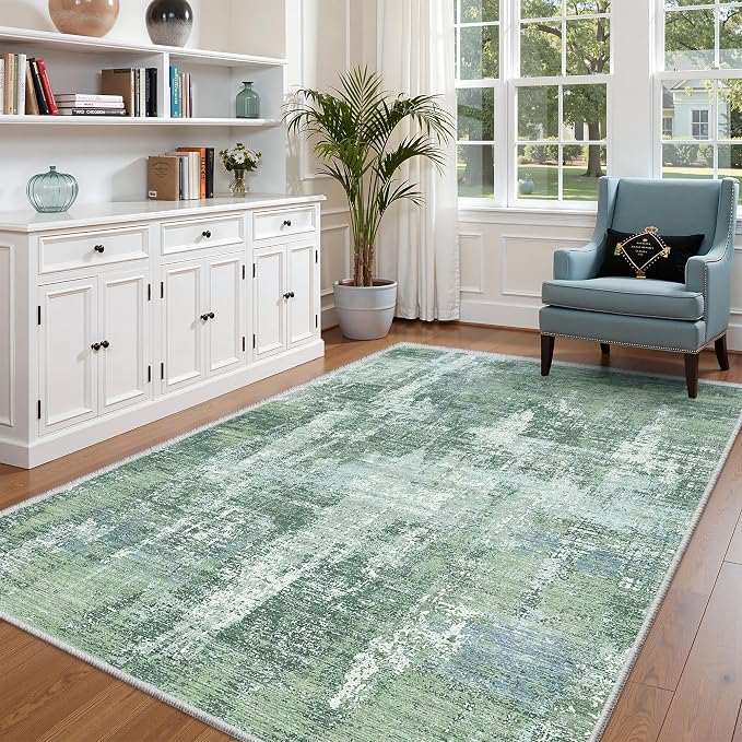 Valenrug Washable Rugs 6x9 - Ultra Thin Stain Resistant 6x9 Rugs for Living Room, Non Slip Backing 0.25" Low Pile Abstract Rugs for Bedroom, Folable Machine Washable Area Rug(6'x9', Sage Green)