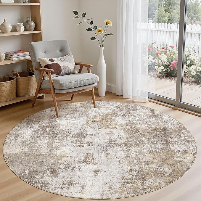 6Ft Round Area Rug for Living Room, 6x6 Washable Rugs Non-Slip Soft Large Modern Abstract Pattern Low Pile Carpet for Bedroom Indoor Floor Nursery Home Decor - Gold Brown