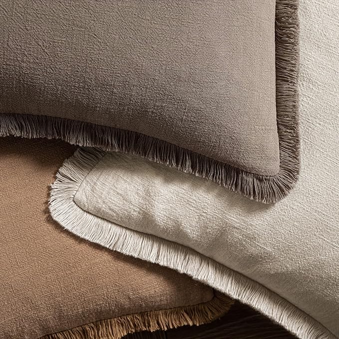 MIULEE Decorative Throw Pillow Covers Neutral Linen Fringe Throw Pillows Set of 2 Natural Coffee Boho Farmhouse Cushion Covers with Tassels for Couch Sofa Bed Living Room Fall Decor 18x18 Inch