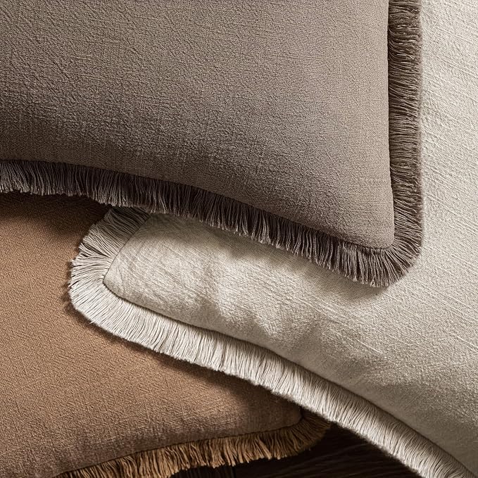 MIULEE Decorative Throw Pillow Covers Neutral Linen Fringe Throw Pillows Set of 2 Natural Coffee Boho Farmhouse Cushion Covers with Tassels for Couch Sofa Bed Living Room Fall Decor 20x20 Inch
