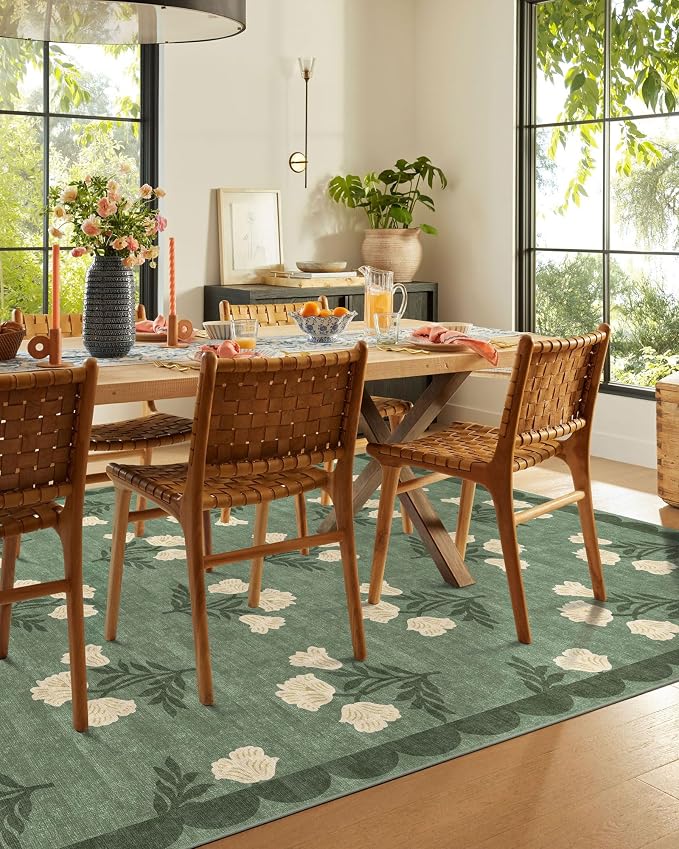 Green 5x8 Living Room Area Rug - Washable Boho Floral Scalloped Bedroom Rug Stain Resistant Dining Room Rugs for Under Table Non Slip Vintage Modern Farmhouse Rugs for Bedroom Nursery Decor