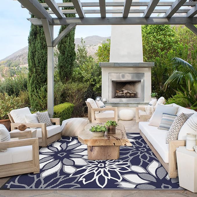 GENIMO Outdoor Rug, Waterproof Plastic Rugs for Patio, 6'x9' Sapphire White | Outside Larger Leaf Carpet Mat for Porch Decor, Deck, Balcony, Camping, RV, Backyard, Picnic, Beach, Reversible, Foldable